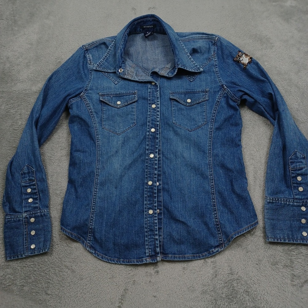 Gap Top Womens Medium Blue Denim Pearl Snap Preppy Y2K